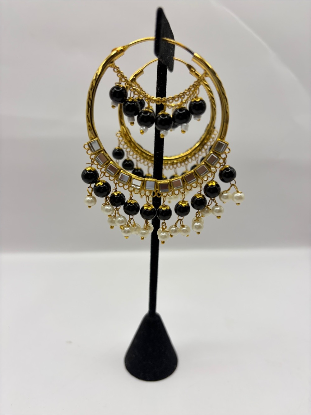 Gold Statement Hoop Earrings with Black Beads and Pearl Drops